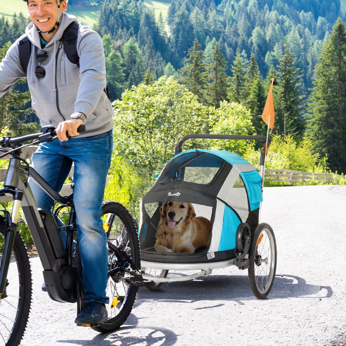 Reboque de Bicicleta para Cães Dobrável 2 em 1 Carrinho para Cães de Alumínio com Guiador Ajustável Bandeira e 6 Refletores Carga Máxima 40kg 150x82x98cm Azul — foto 2