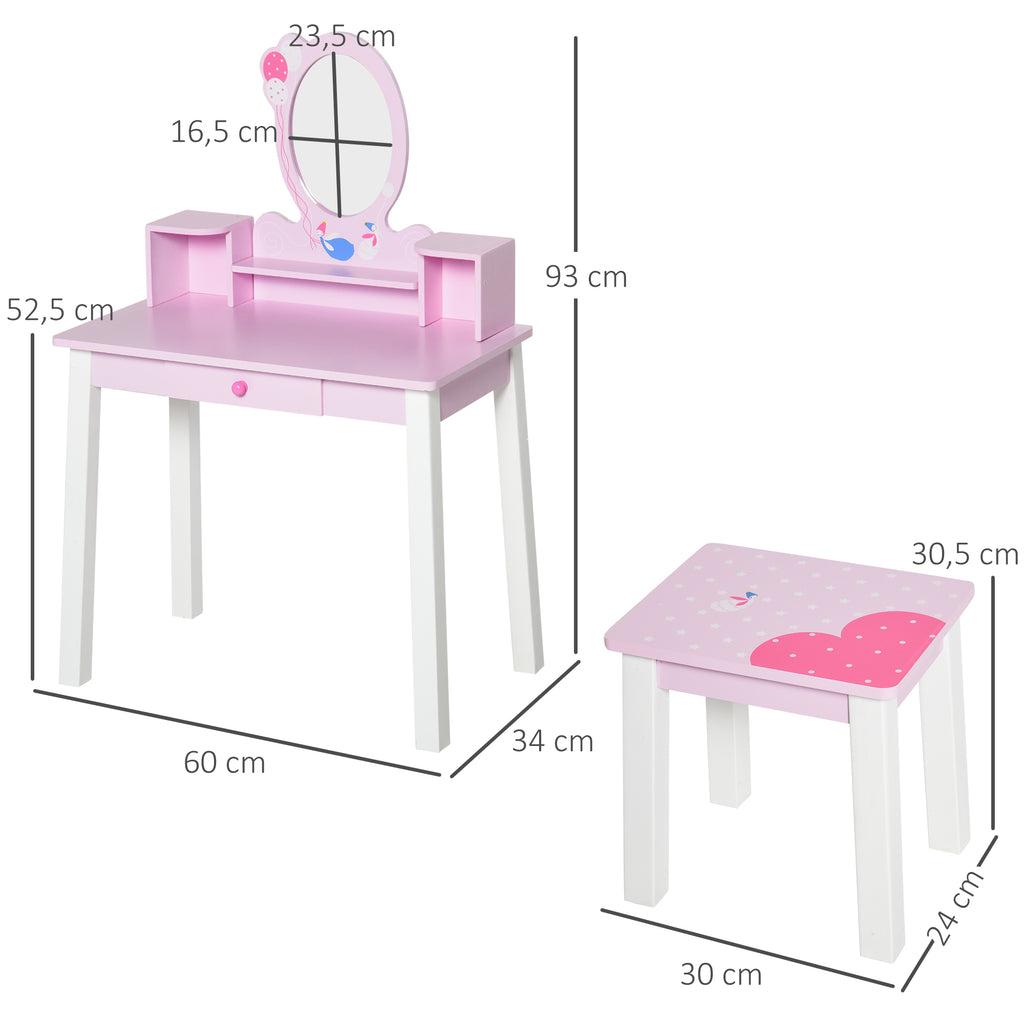 Penteadeira Infantil com Banco e Espelho Tipo Princesa Mesa de Maquilhagem de Madeira Rosa Brinquedo para Meninas 3+ Anos 60x34x93 cm — foto 3
