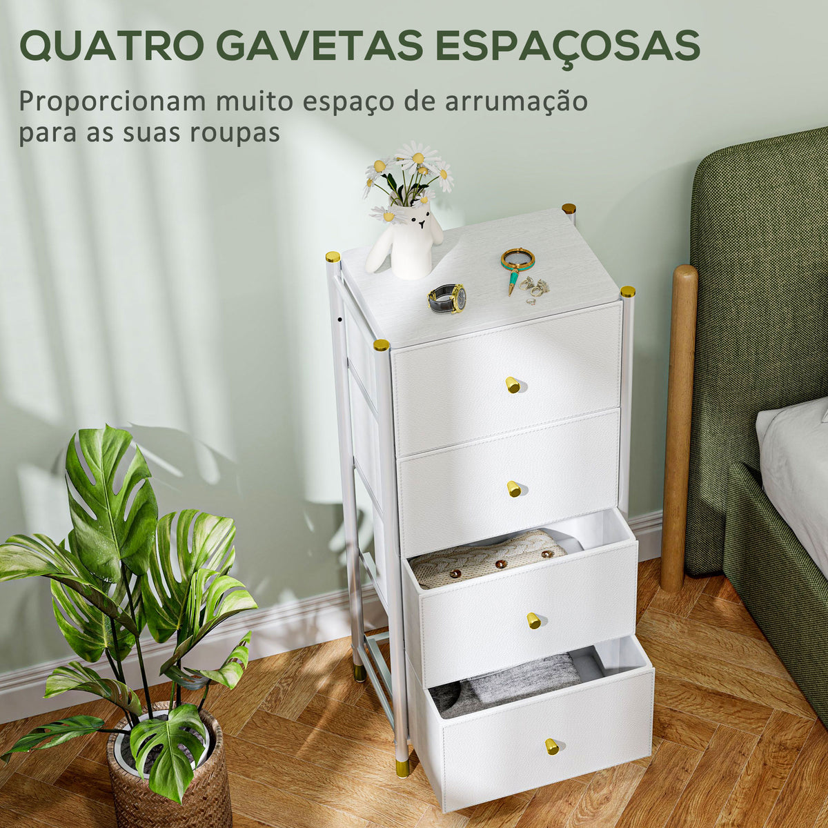 Cómoda para Dormitório Cómoda de Tecido com 4 Gavetas Dobráveis com Frentes de Couro PU e Estrutura de Aço Cómoda para Dormitório 46x30x98 cm Branco — foto 4
