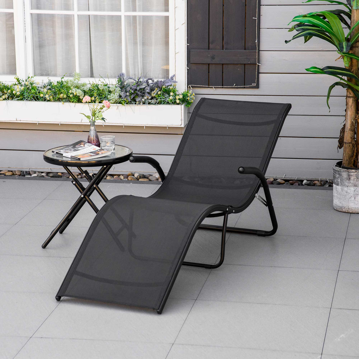 Espreguiçadeira de Jardim com Apoio para os Braços Apoio para os Pés Encosto Respirável e Estrutura de Metal Ergonómico para Terraço Praia Acampamento 170x62x68cm Preto — foto 2
