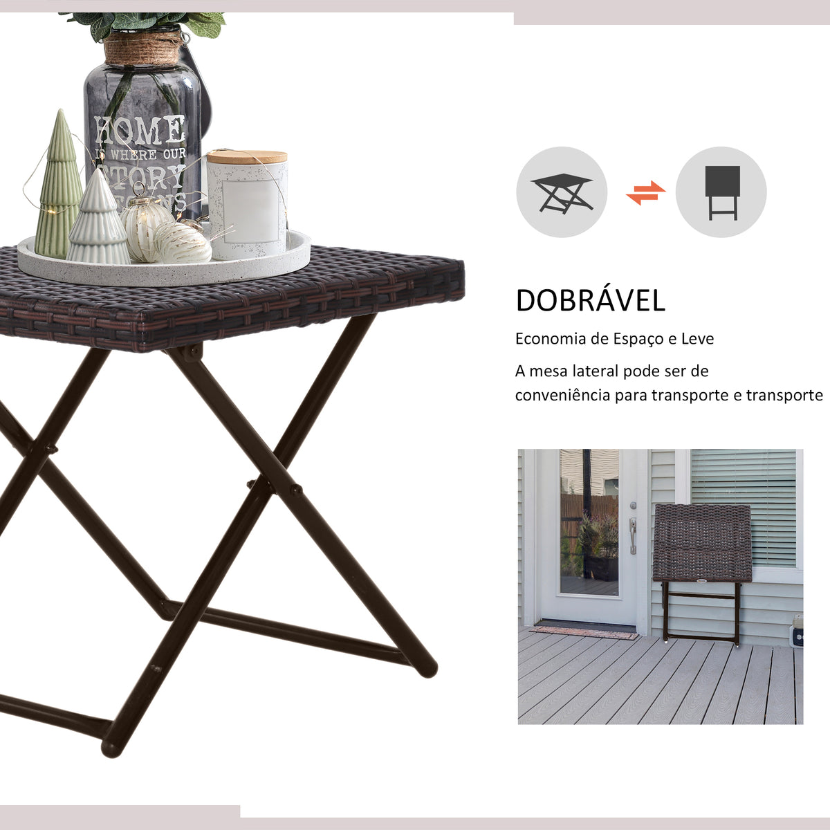 Mesa de Jardim em Vime Sintético Mesa de Terraço Exterior Dobrável com Pés Cruzados e Estrutura de Aço para Pátio Varanda 40x40x40 cm Marróm — foto 4