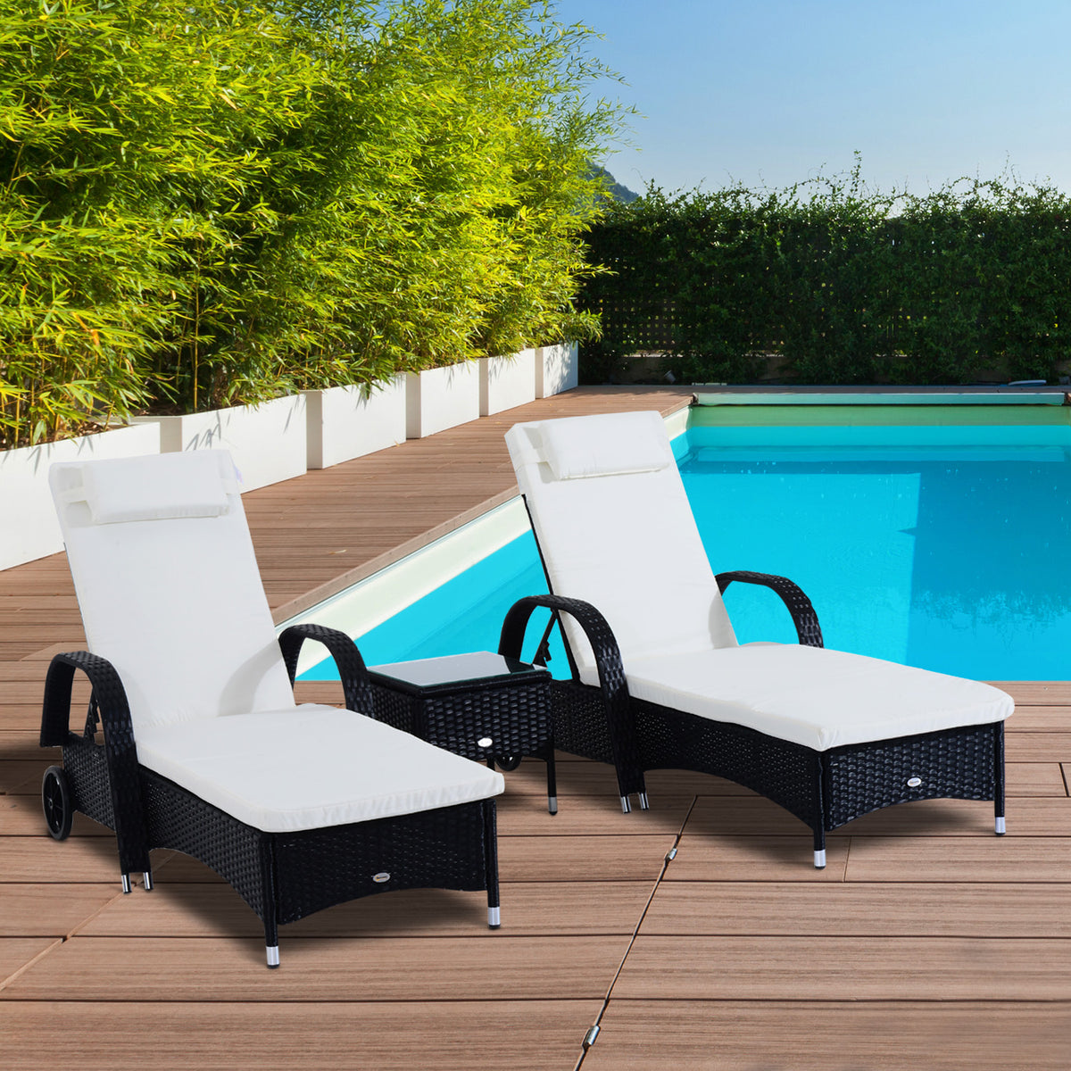 Espreguiçadeiras x2 com Mesa de Vime Chaise Longue para Jardim Pátio Cadeira de exterior com Almofadas Acolchadas Preto e Branco — foto 2
