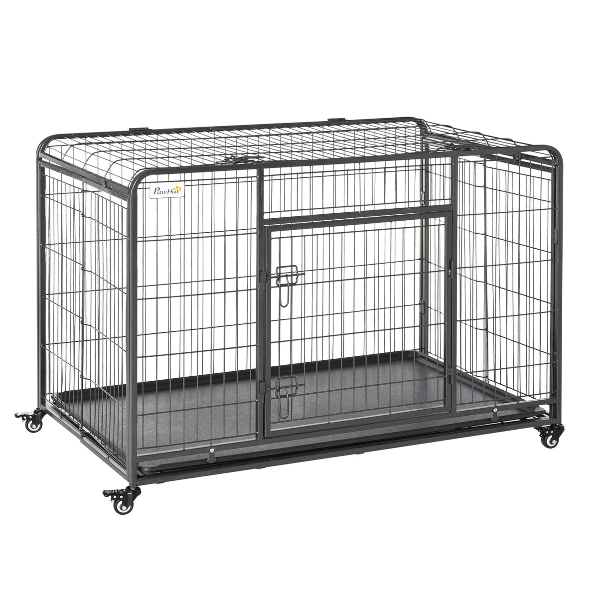 Gaiola dobrável de metal com rodas e freios Bandeja removível e porta com travas125x76x81 cm Cinza escuro — foto 1