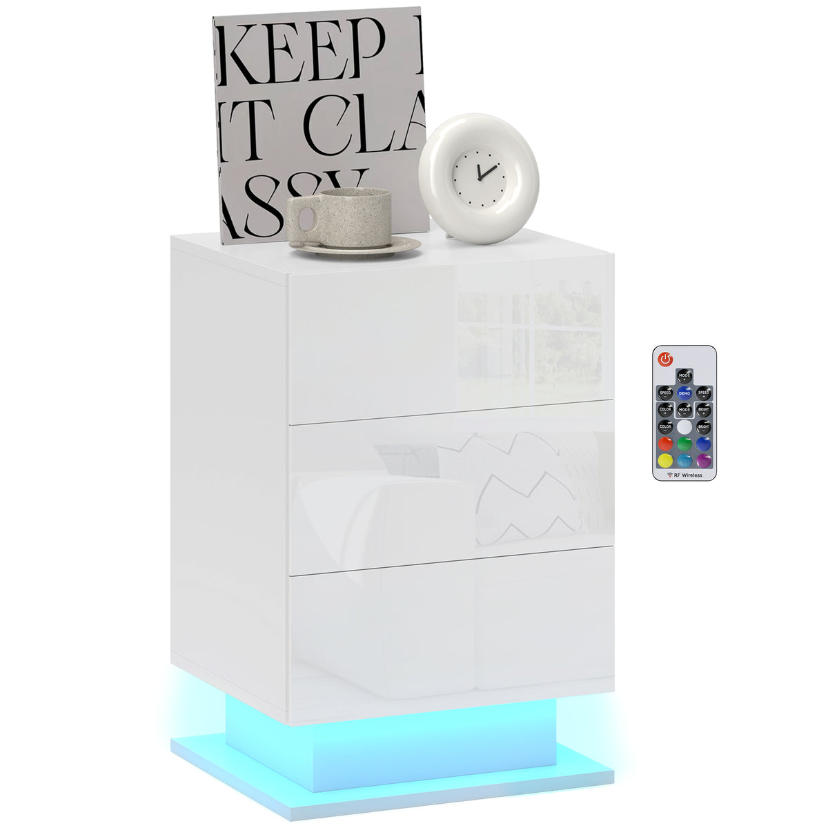 Mesa de Cabeceira com Faixa de Luz LED Multicolor Variável Mesa Auxiliar com 3 Gavetas Estilo Moderno Mesa Lateral para Dormitório Sala de Estar 40x35x60 cm Branco Brilhante — foto 1