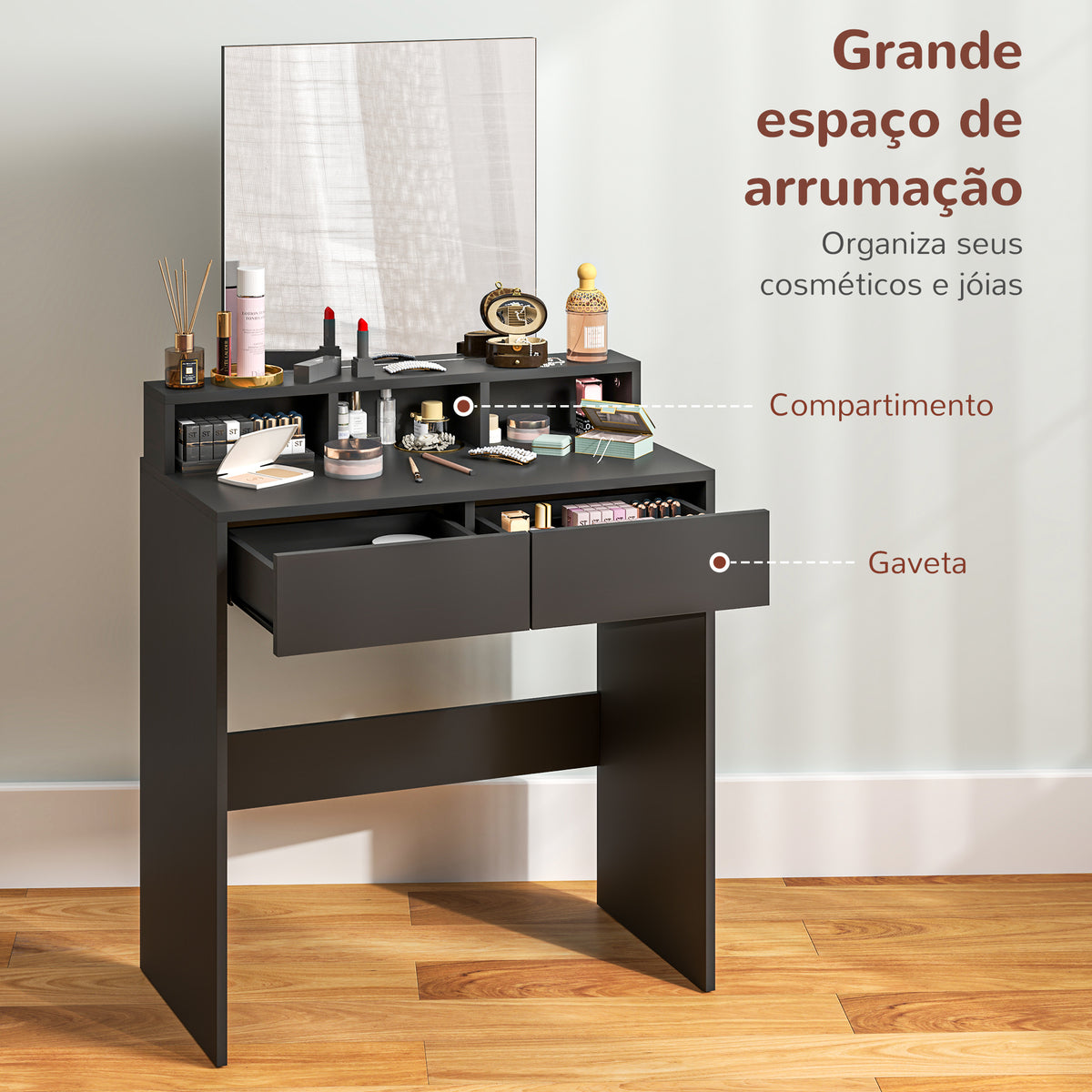 Toucador de Maquilhagem com Espelho Toucador com 2 Gavetas 3 Compartimentos Toucador para Dormitório 75x38x135 cm Preto — foto 4