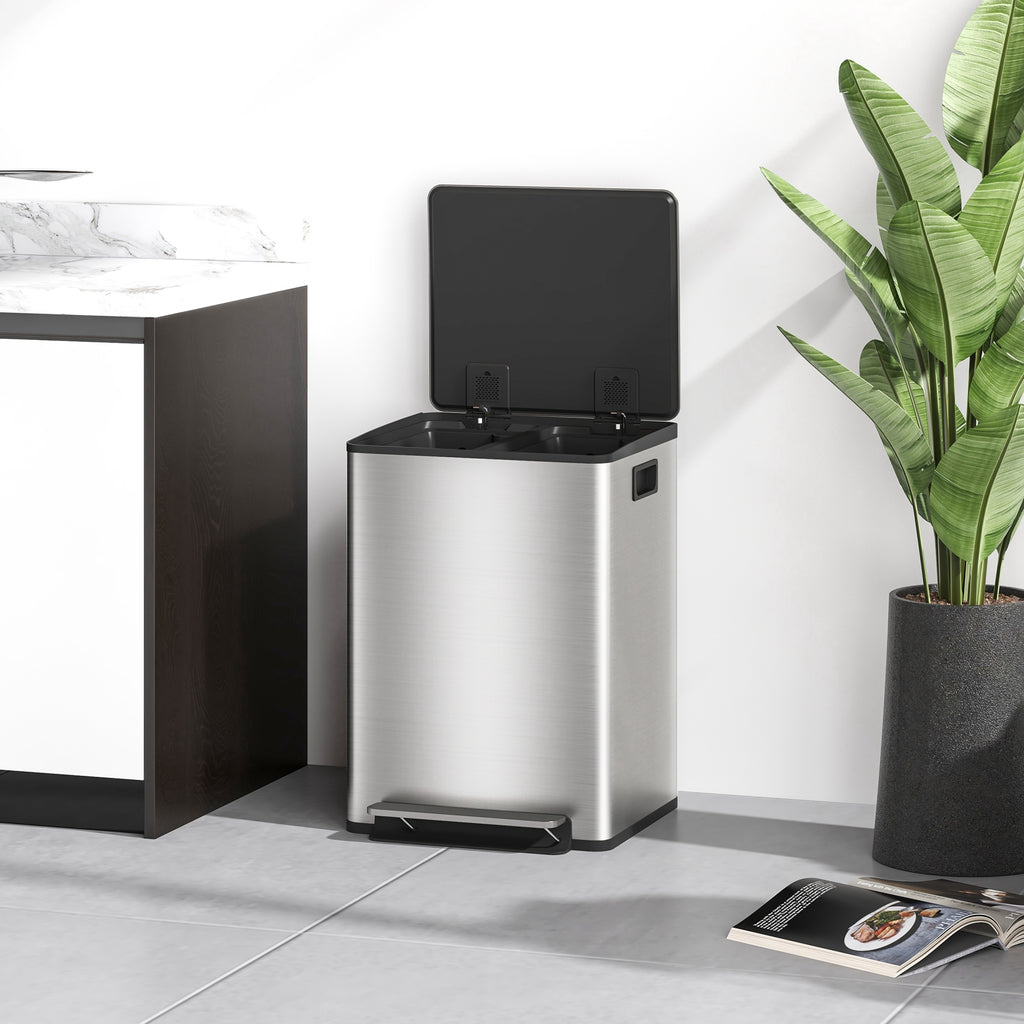 Balde de Lixo de Cozinha com 2 Compartimentos 2x20L Cubo de Lixo de Aço Inoxidável com Pedal Fechamento Suave e Cubo Amovível para Escritório Cozinha Prata — foto 8
