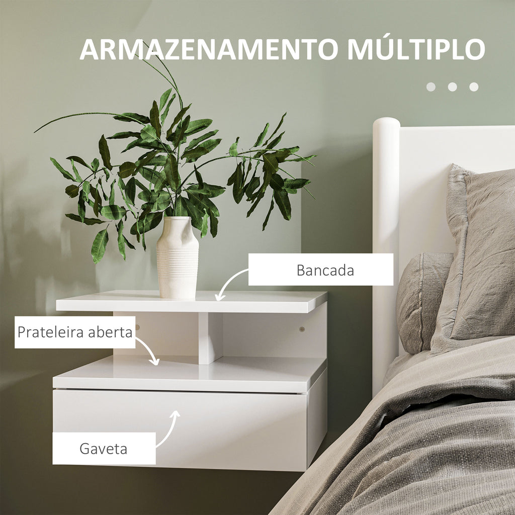 Conjunto de 2 Mesas de Cabeceira Flutuantes, Mesas de Cabeceira com Gaveta e Prateleira Aberta, Design Moderno, Ideal para Quarto e Sala de Estar, 35x32x22,5 cm, Branco Brilhante — foto 5