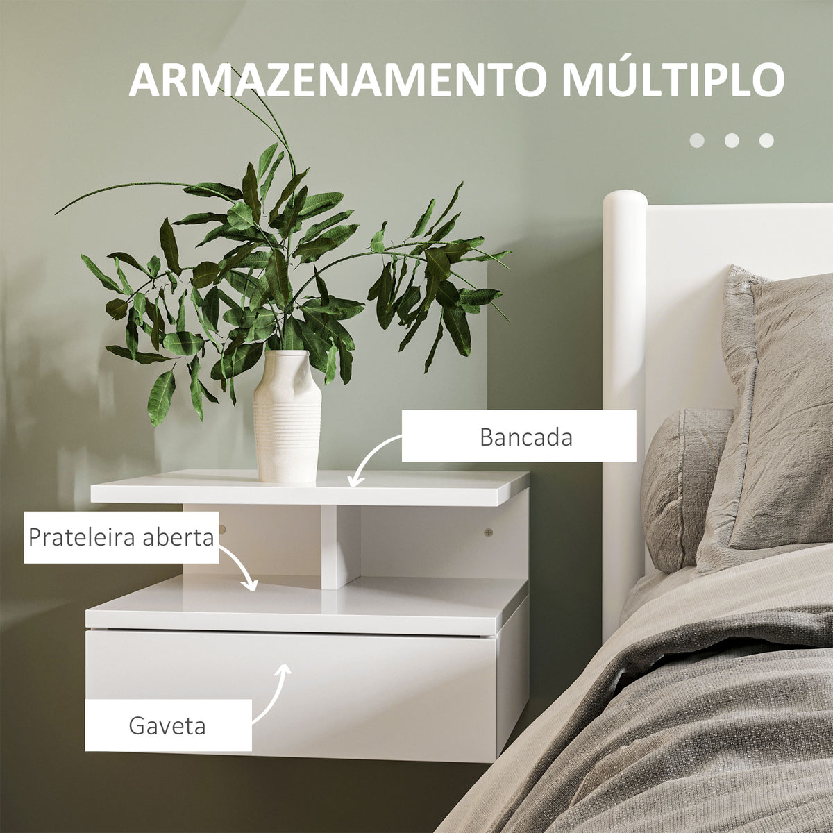 Conjunto de 2 Mesas de Cabeceira Flutuantes, Mesas de Cabeceira com Gaveta e Prateleira Aberta, Design Moderno, Ideal para Quarto e Sala de Estar, 35x32x22,5 cm, Branco Brilhante — foto 5