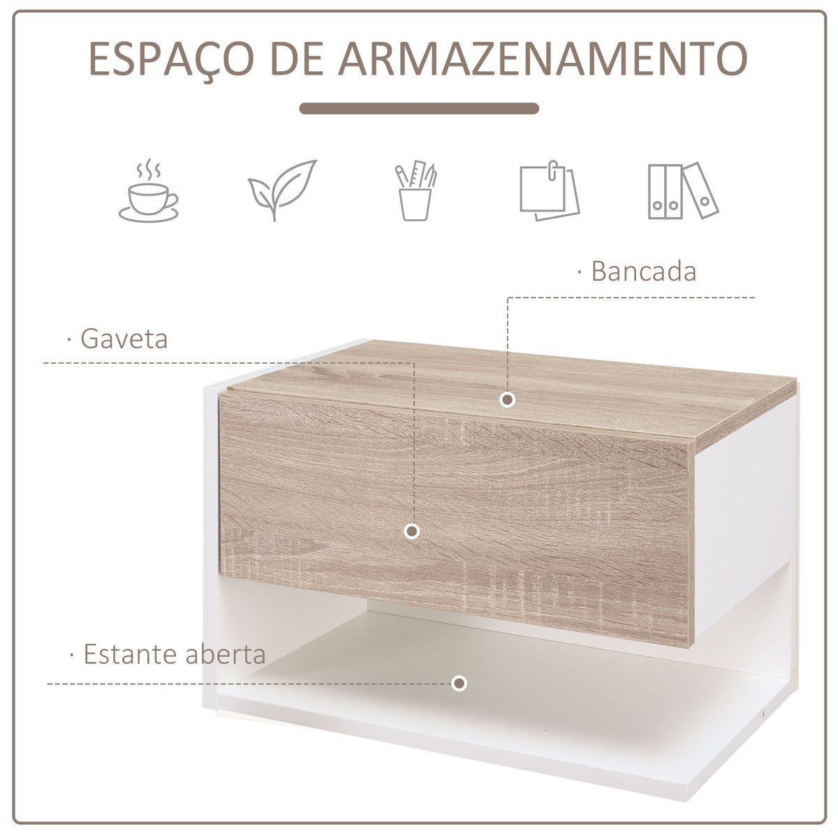 Conjunto de 2 Mesas de Cabeceira Flutuantes Mesas de Cabeceira Suspensas com 1 Gaveta e Prateleira Aberta para Dormitório 46x30x30 cm Carvalho e Branco — foto 5
