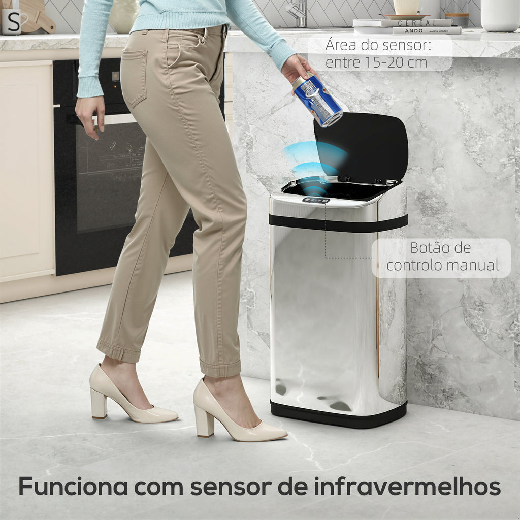 Balde de Lixo Inteligente de Aço Inoxidável 30L com Sensor Infravermelho de Abertura Automática para Cozinha Dormitório Casa de Banho 33x25x58 cm Prata e Preto — foto 5