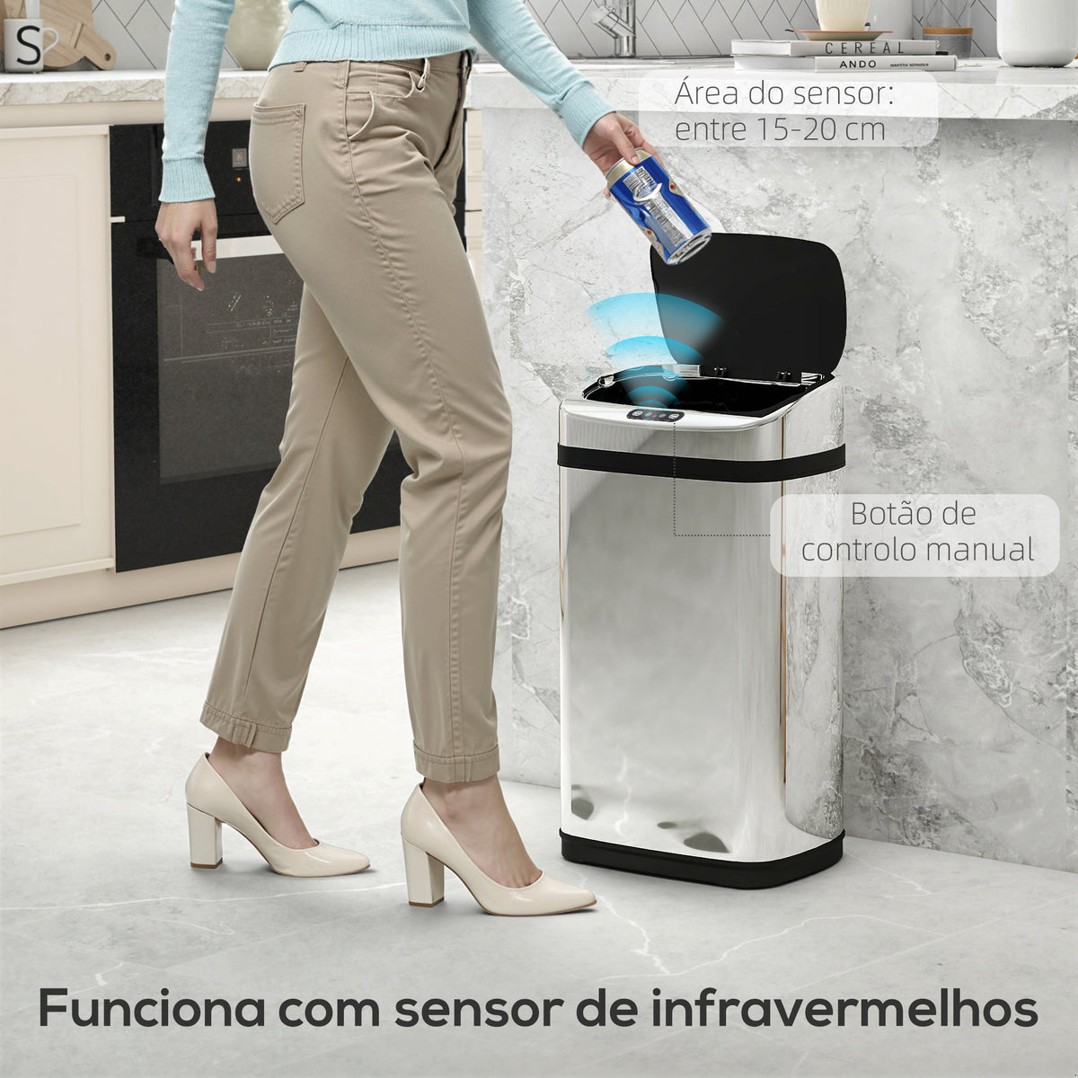 Balde de Lixo Inteligente de Aço Inoxidável 30L com Sensor Infravermelho de Abertura Automática para Cozinha Dormitório Casa de Banho 33x25x58 cm Prata e Preto — foto 5