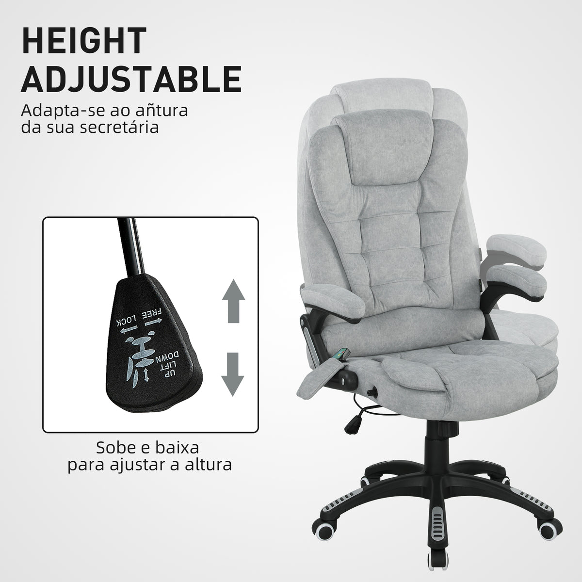 Cadeira de Massagem com 6 Pontos de Massagem Cadeira de Escritório Reclinável até 125° com Função de Aquecimento Altura Ajustável e Rodas para Estúdio 65x71x110-120 cm Cinza — foto 5