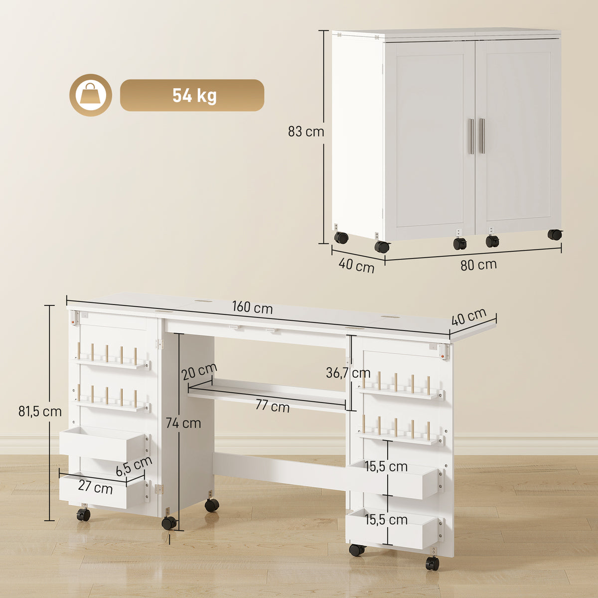 Mesa de Costura Dobrável com 6 Rodas Móvel para Máquina de Costura com 20 Pinos para Fios 4 Compartimentos Prateleira Armário de Costura para Estúdio Sala 160x40x81,5 cm Branco — foto 3