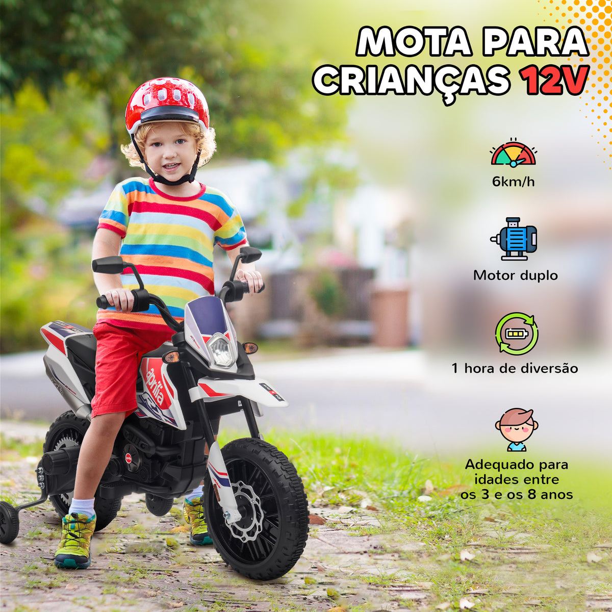 Mota Elétrica Infantil com Licença Oficial Aprilia 12V 25W Rodas de Apoio Removíveis Farol Música Porta USB e Amortecedor Traseiro Branco — foto 4