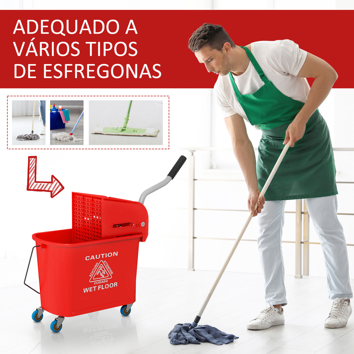 Balde de Esfregona com Rodas, 20 L, Balde de Limpeza com Escorredor e Pega de Transporte, para Uso Doméstico e Comercial, Vermelho — foto 7
