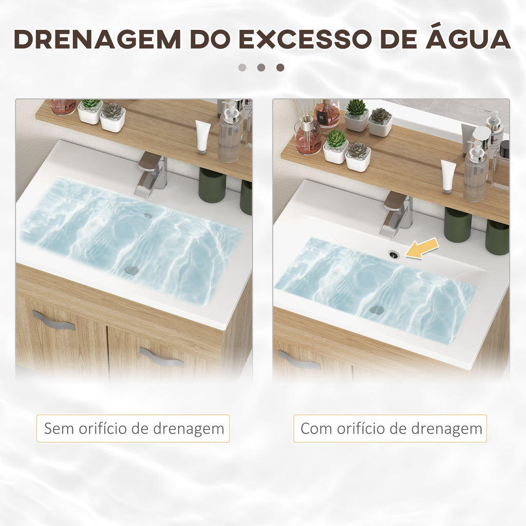 Conjunto de Móveis para Casa de Banho de Parede 3 Peças Inclui Espelho com Prateleira Móvel com Lavatório Cerâmico e Coluna de Casa de Banho Estilo Moderno Madeira — foto 7