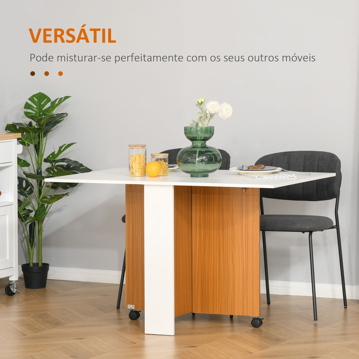 Mesa de Sala de Jantar Dobrável com Rodas Mesa Multifuncional para Sala de Jantar com 3 Formas 120x80x73cm Branco e Madeira — foto 6