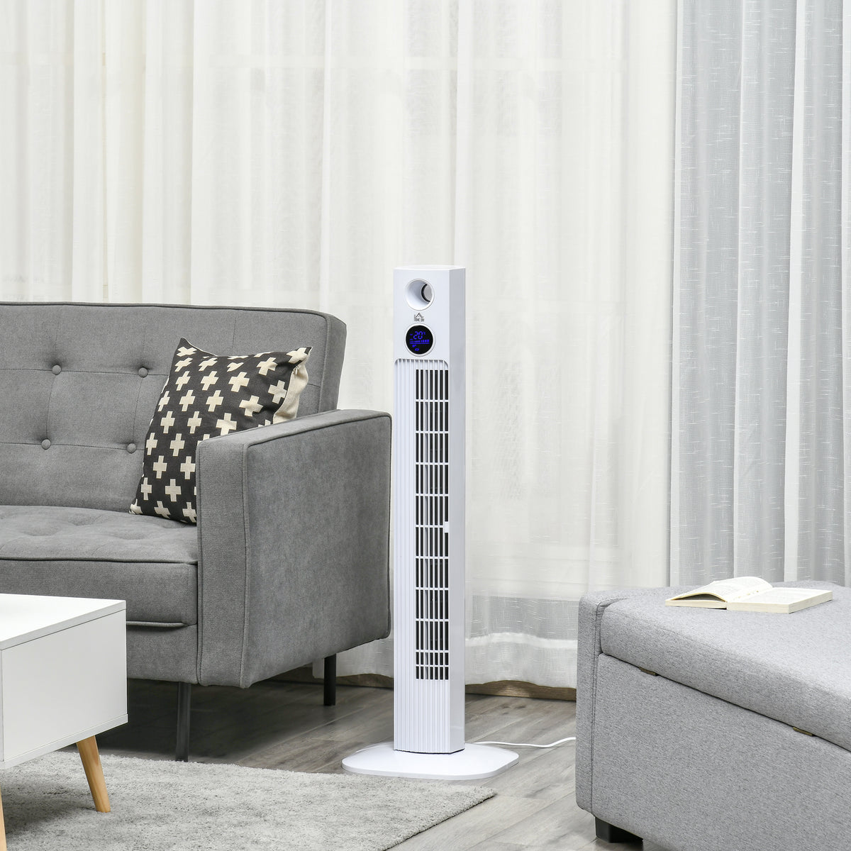 Ventoinha de Coluna 45W Silencioso com Controle Remoto 3 Velocidades 3 Modos Oscilação 70° Tela LED Tátil Temporizador 12h e Caixa de Aromas 31,5x31,5x96cm Branco — foto 2