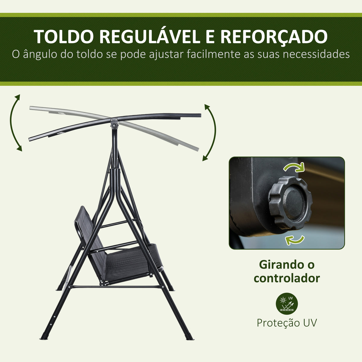 Baloiço de Jardim de 2 Lugares Baloiço com Teto Ajustável em Ângulo para Terraço Balcão Carga Máxima 200kg Aço 172x110x155cm Preto — foto 4