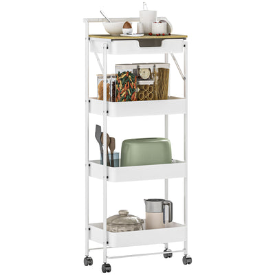 4-stufiger Küchenwagen mit Rollen, 1 Schublade und 3 Körben, Weiß, 45x29,5x117,5 cm