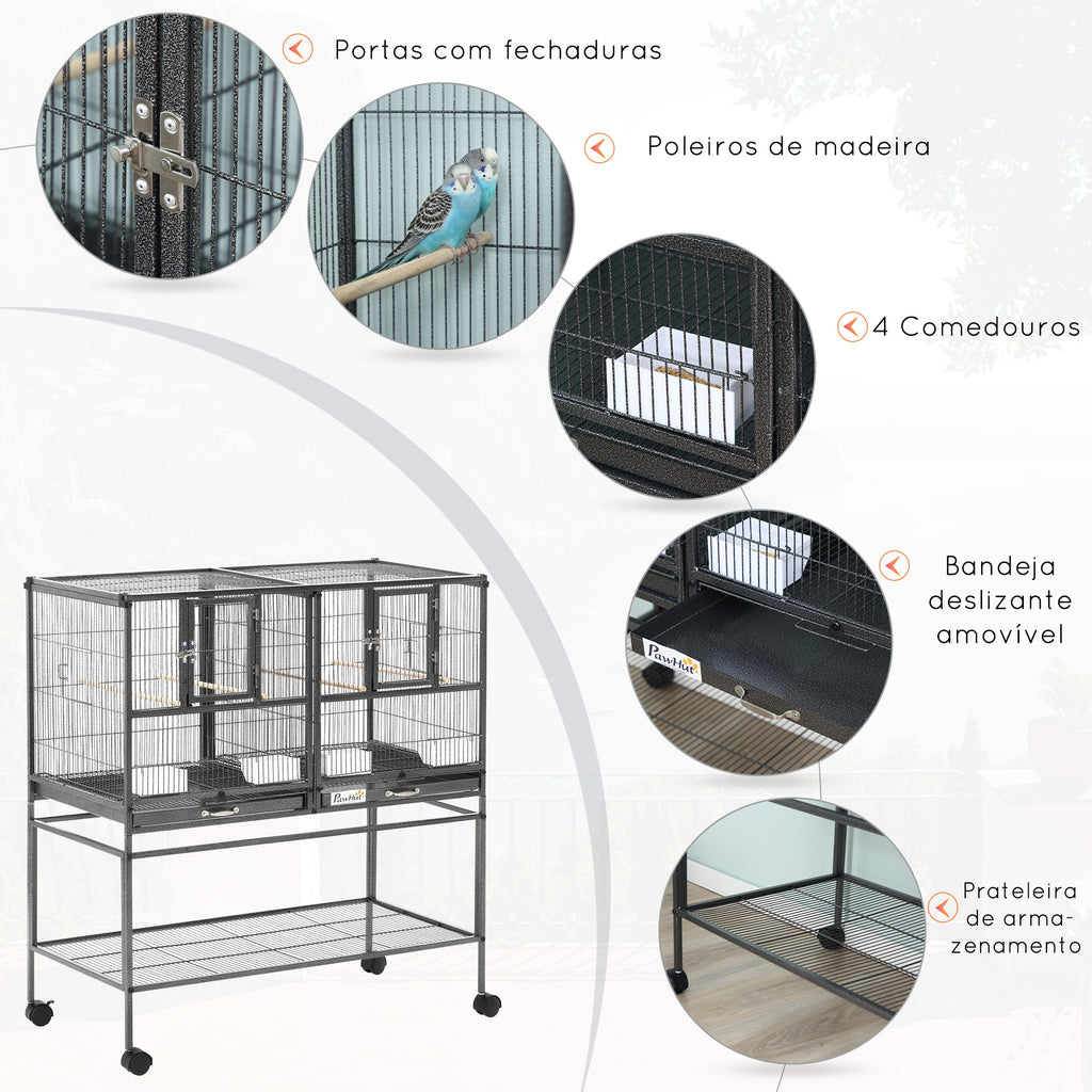 Gaiola dupla para pássaros pequenos Gaiola grande para pássaros com 4 bandejas múltiplas portas 4 Alimentadores 4 Cabides 95x45,5x102 cm Preto — foto 4