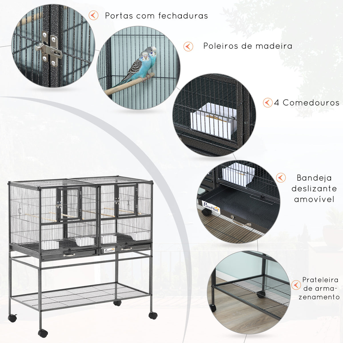 Gaiola dupla para pássaros pequenos Gaiola grande para pássaros com 4 bandejas múltiplas portas 4 Alimentadores 4 Cabides 95x45,5x102 cm Preto — foto 4