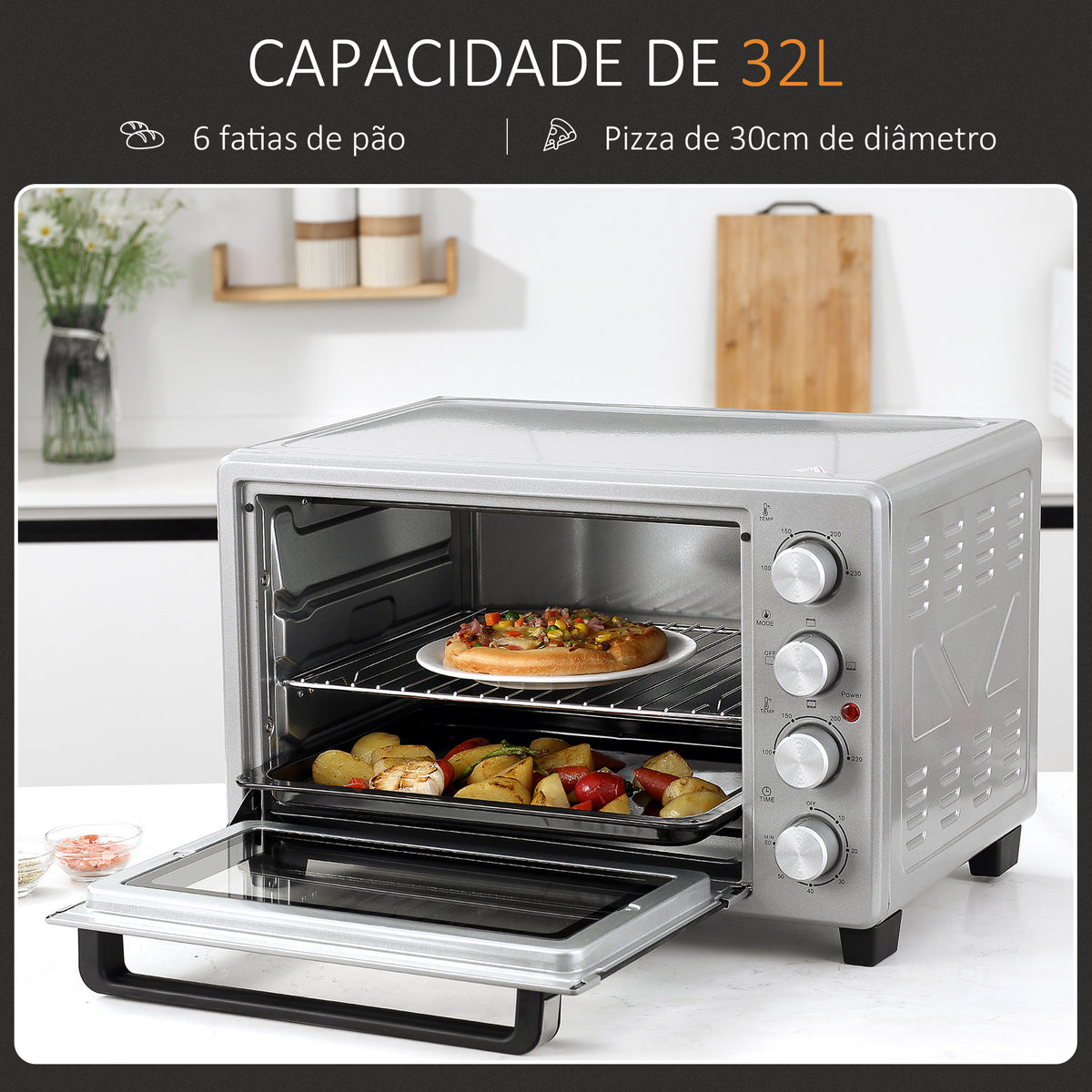 Mini Forno de Convecção 32L 16000 com 3 Modos de Aquecimento Temperatura até 230 °C Temporizador Bandeja de Assar Ajustável em 3 Níveis 52,2x38,1x33,5cm Prata — foto 4