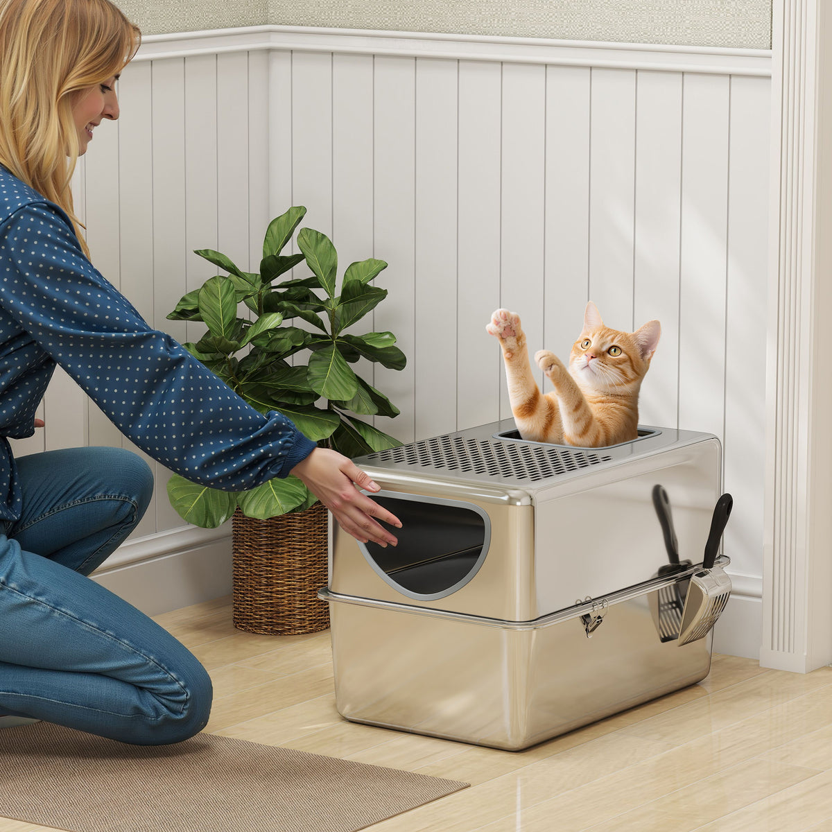 Caixa de Areia para Gatos em Aço Inoxidável XL Caixa de Areia para Gatos com Pá Aberturas Duplas Fácil de Limpar 60x39,6x40,1 cm Prateado — foto 2