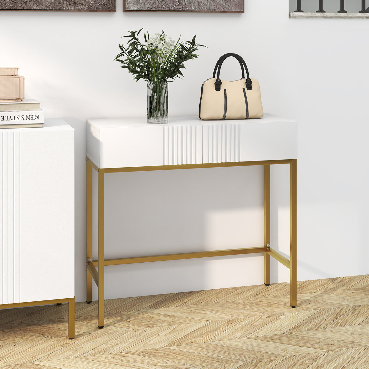 Mesa Consola Moderna Mesa de Entrada com 2 Gavetas e Pés de Aço Anti-tombo para Entrada Sala Corredor 80x31,5x75 cm Branco — foto 2