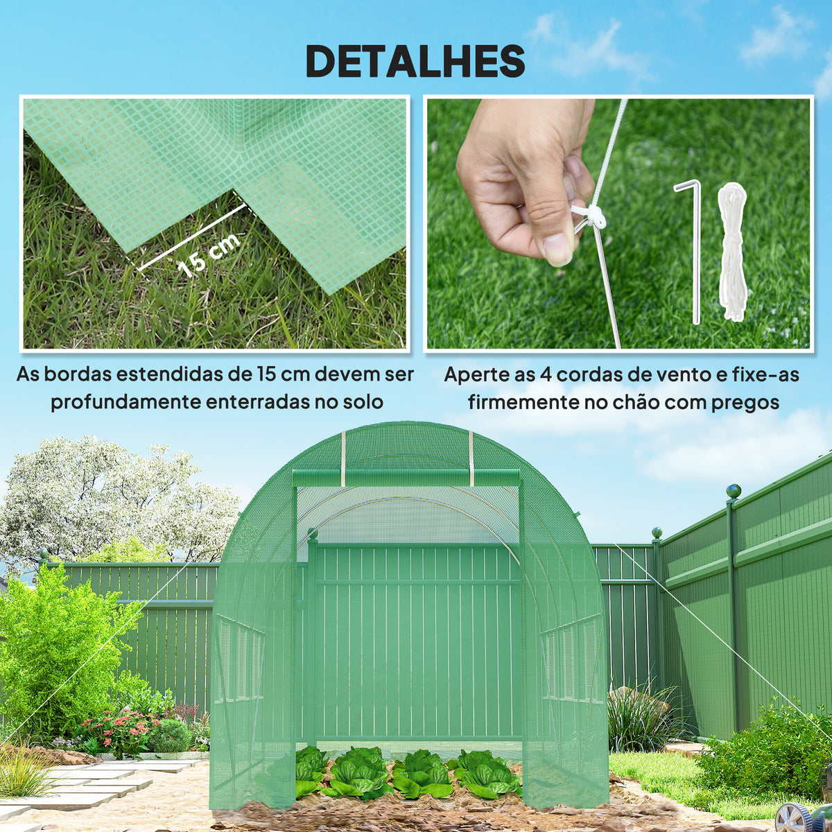 Estufa Tipo Túnel de Jardim 350x200x200cm Estufa de Jardim com 6 Janelas Respiráveis e Porta Enrolável com Zíper para Cultivo de Plantas e Verduras Verde — foto 5