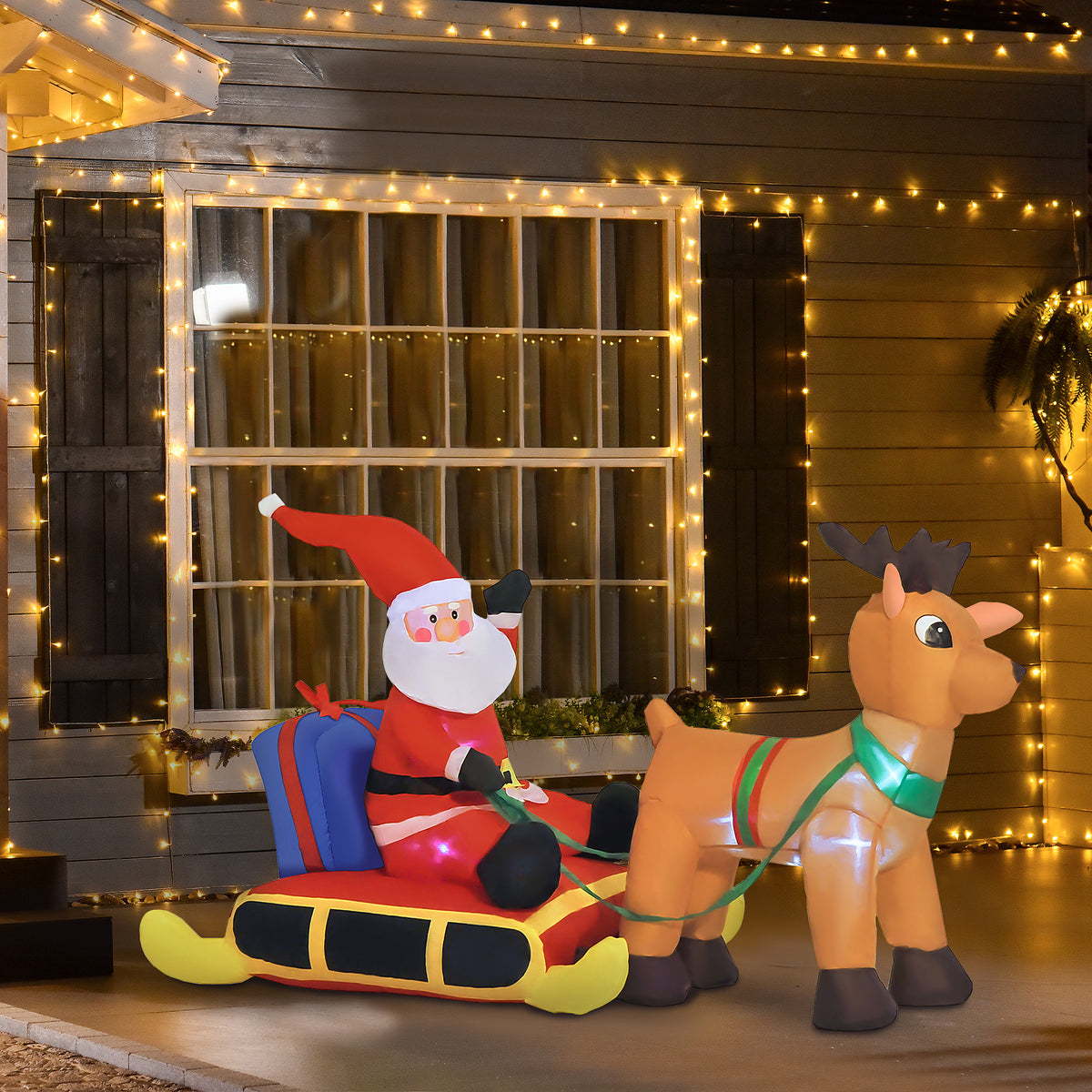Decoração de Natal Inflável Pai Natal com Rena 8 Luzes LED Iluminação de Natal para Interior e Exterior 152x72x122cm — foto 2