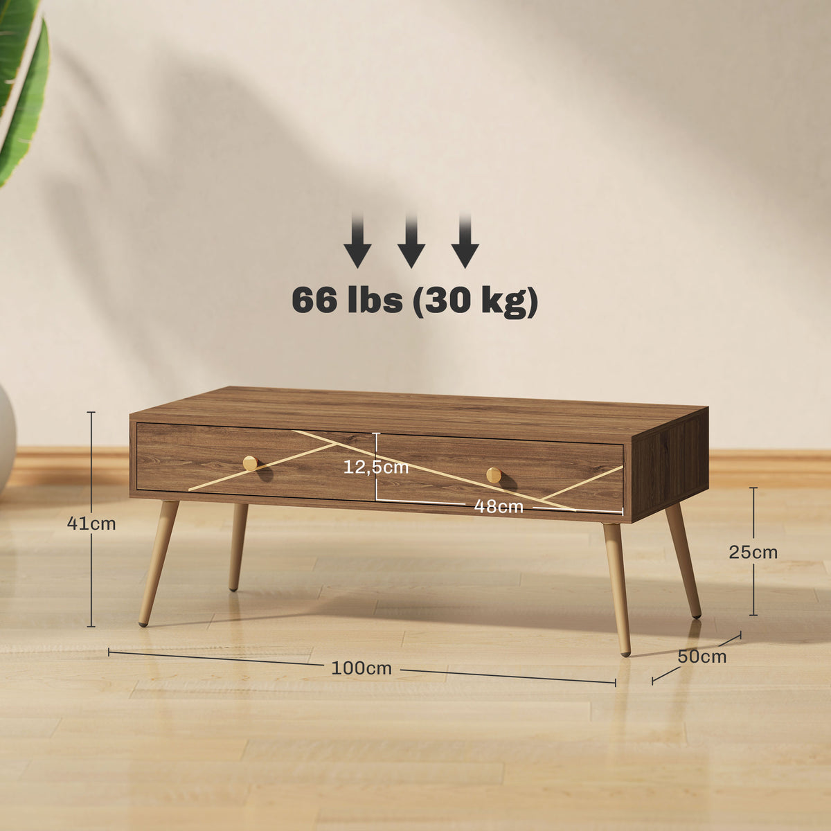 Mesa de Centro Mesa Auxiliar para Sala de Estar com 2 Gavetas e Pés de Aço para Dormitório Sala de Estar 100x50x41 cm Marrom — foto 3