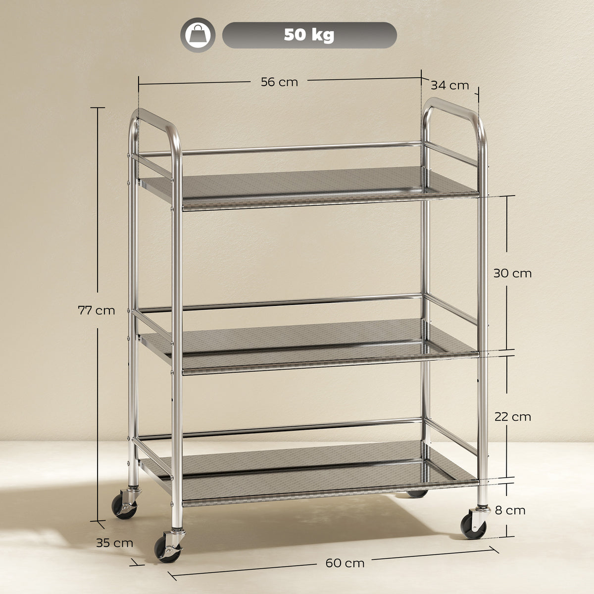 Carrinho Auxiliar com Rodas de Aço Inoxidável Carrinho de Serviço de 3 Níveis com Prateleira Ajustável 2 Rodas com Travão Carrinho para Cozinha 60x35x77 cm Prateado — foto 3