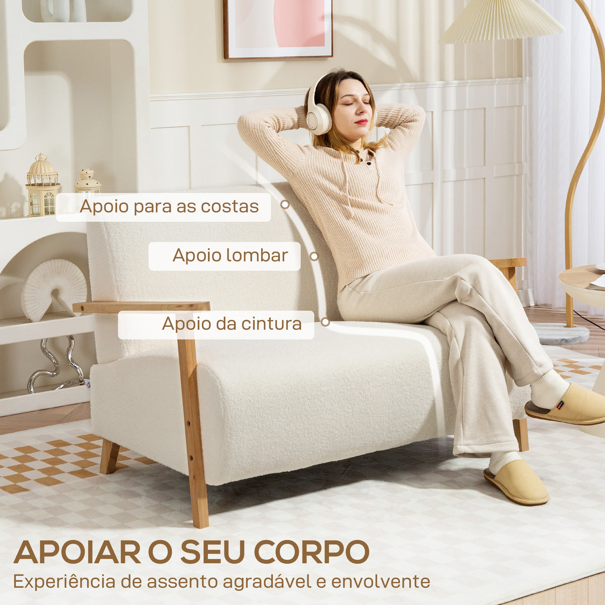 Sofá de 2 Lugares Estofado em Borreguito Sofá de Sala de Estar de 118 cm com Acolchoado Espesso Apoios de Braço e Pés de Madeira para Quarto Sala de Estar 118x76x78 cm Creme — foto 5