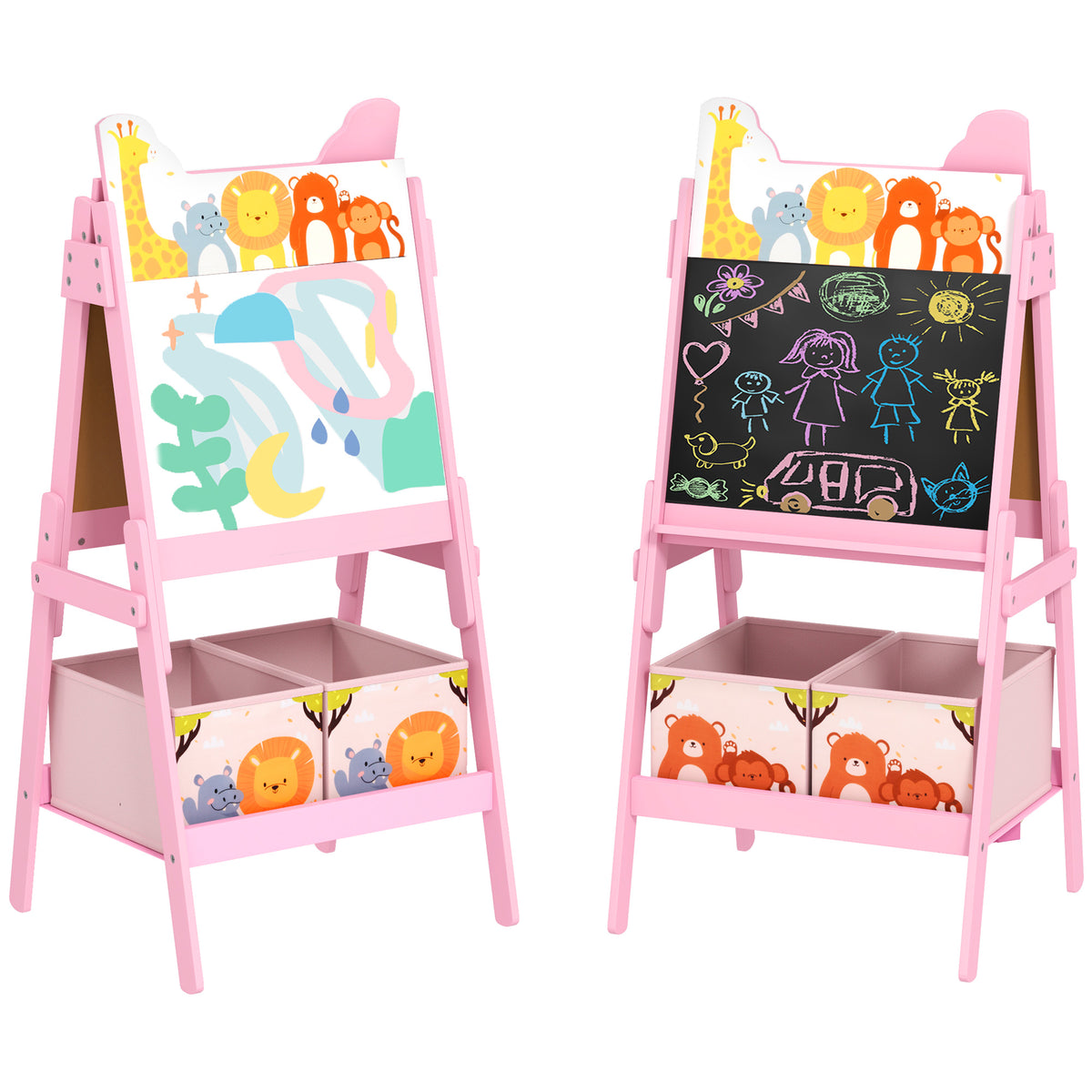 Cavalete para Crianças 2 em 1 Arsósia Infantil com Dupla Face 2 Caixas de Arrumação Cavalete de Pintura para Crianças com Estampa em Animais 53,5x49x113 cm Rosa — foto 1