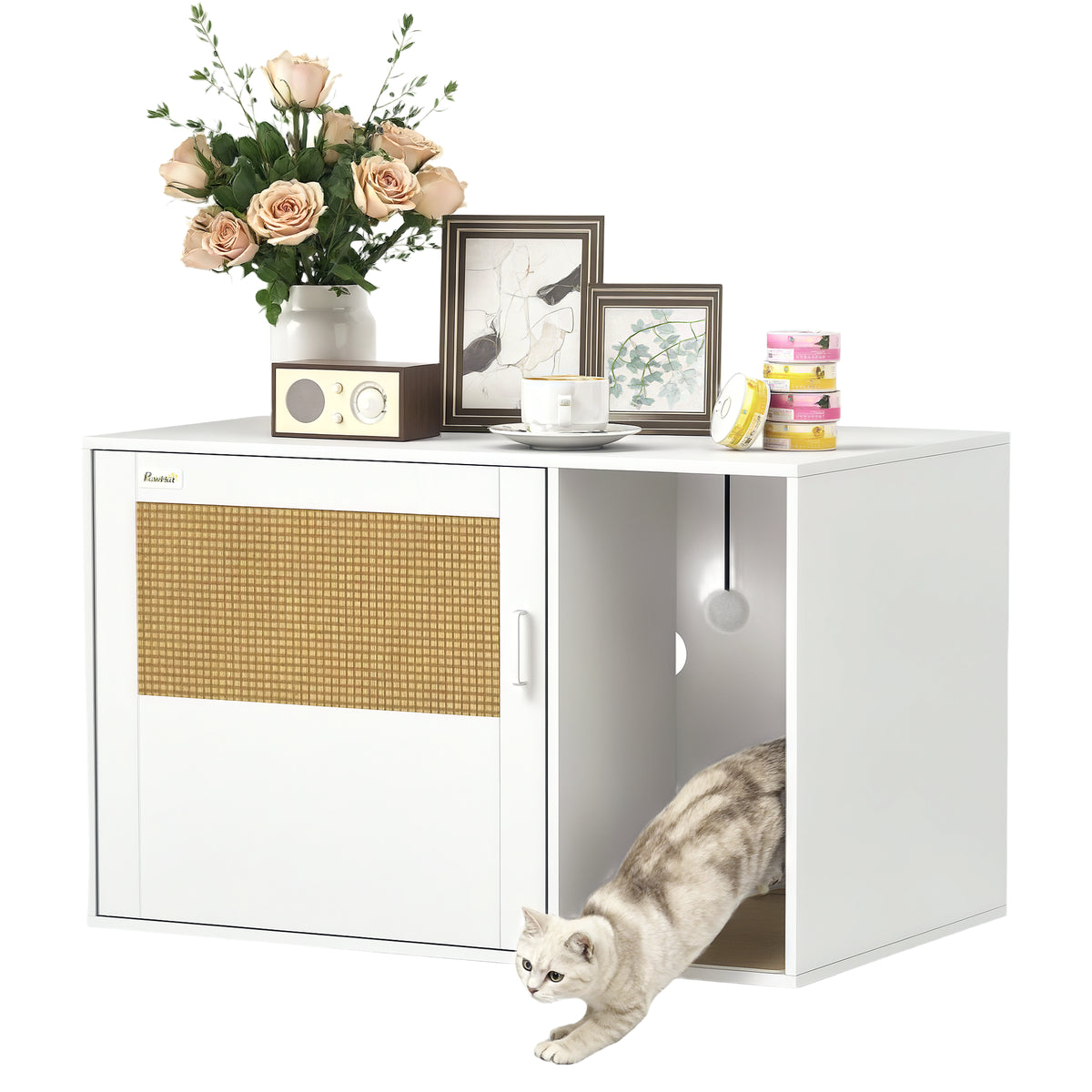 Móvel Caixa de Areia para Gatos Caixa de Areia para Gatos com Tapete de Arranhar e Porta de Vime Móvel Auxiliar com Caixa de Areia para Gatos para Sala de Estar 80x50x50 cm Branco - Modelo 1 — foto 1