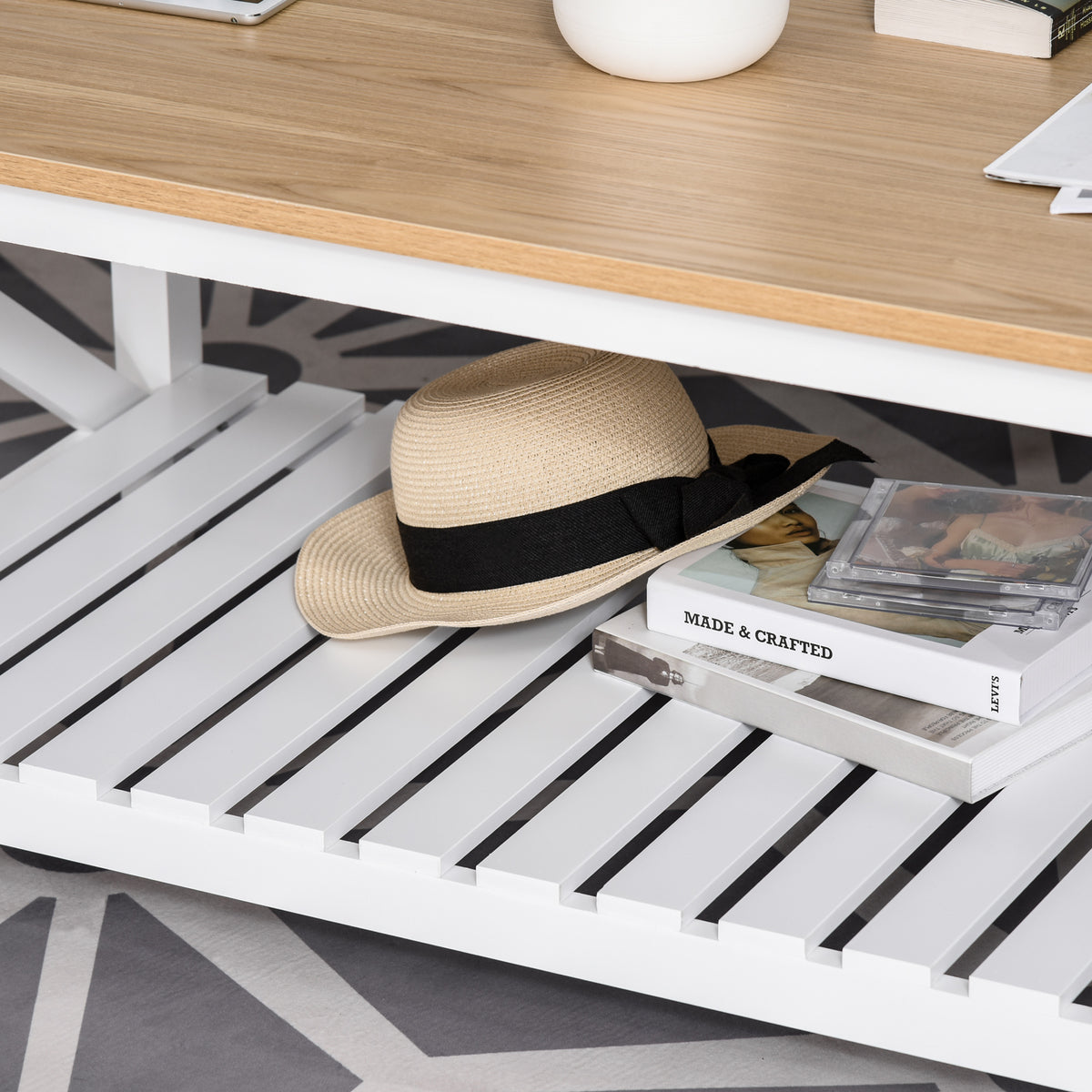 Mesa de Centro para Sala de Estar Mesa de Café com Prateleira de Armazenamento Inferior 116x60x48cm Madeira Natural e Branco — foto 6