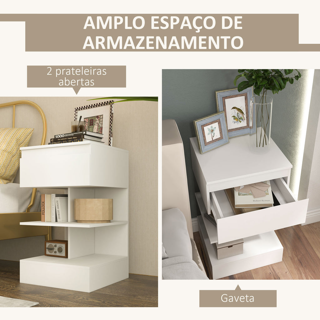 Mesa de Cabeceira Mesa Auxiliar com 1 Gaveta e 2 Prateleiras Abertas para Quarto Sala Cama Escritório Estilo Moderno 39x39x65 cm Branco — foto 5