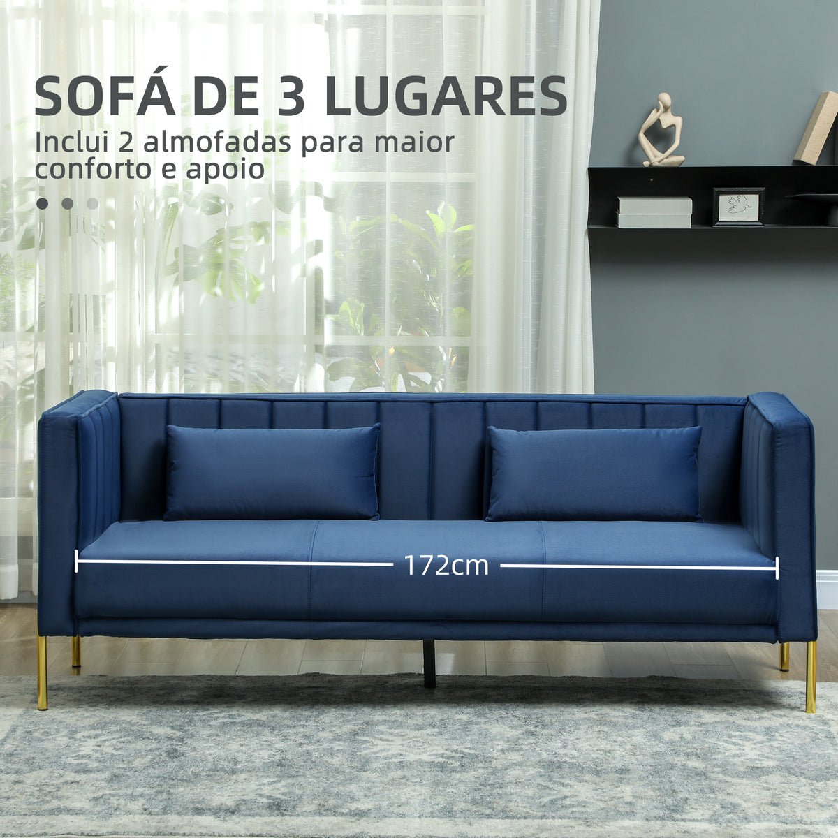 Sofá de 3 Lugares Sofá Sala de Estar de 194,5 cm Estofado em Veludo com 2 Almofadas Apoio para os Braços e Pés Dourados Azul Marinho — foto 4
