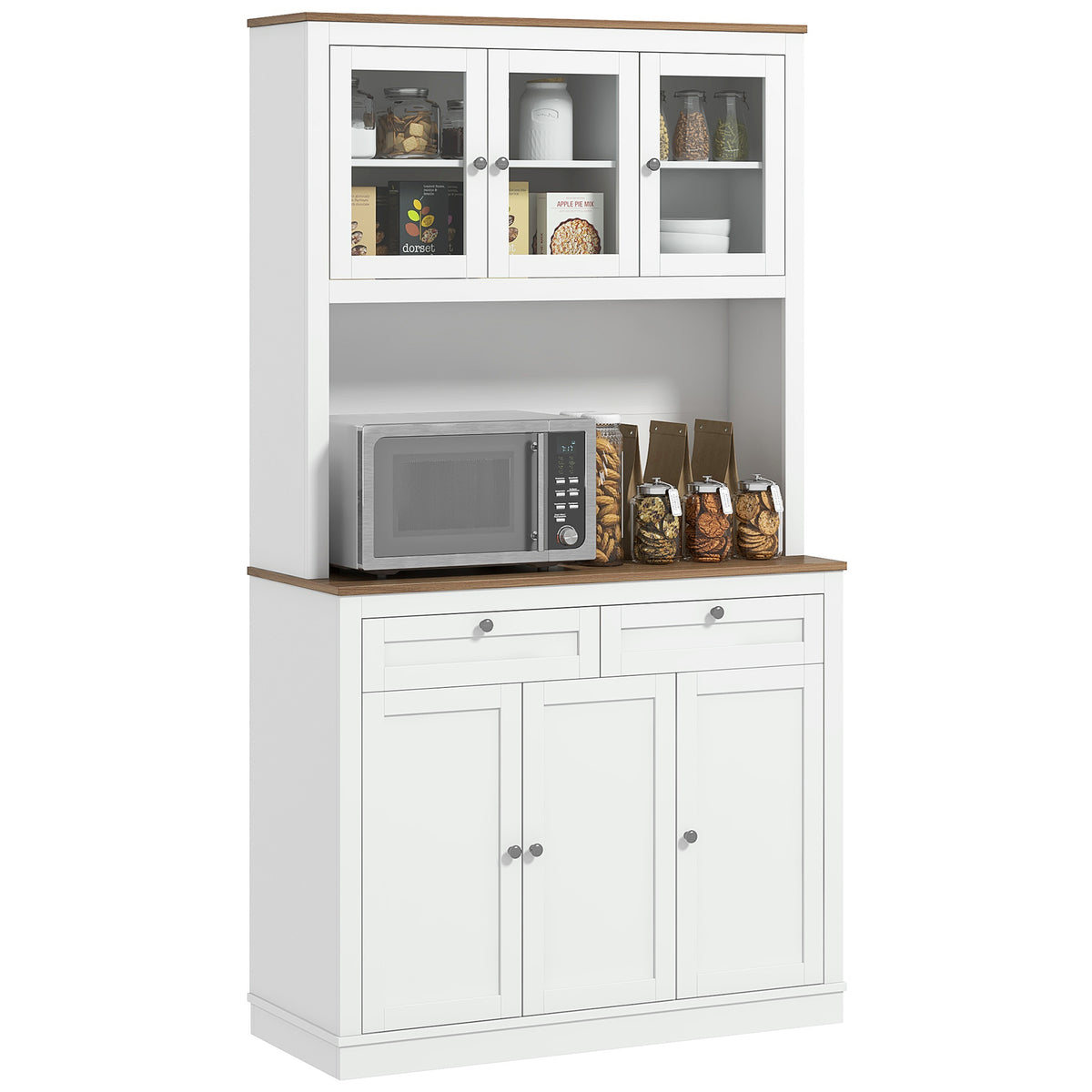 Armário de Cozinha Móvel Auxiliar de Cozinha com 3 Portas de Vidro Compartimento Aberto 2 Gavetas e Prateleiras Ajustáveis 100x40x180 cm Branco — foto 1