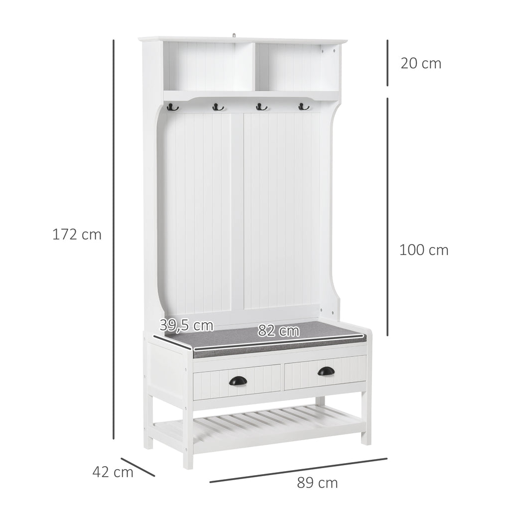 Cabide Sapateira com banco 4 ganchos 2 compartimentos abertos 2 gavetas removíveis e prateleira inferior moderna para corredor entrada 87x42x172 cm Branco — foto 3