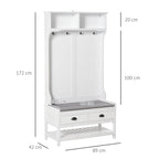 Cabide Sapateira com banco 4 ganchos 2 compartimentos abertos 2 gavetas removíveis e prateleira inferior moderna para corredor entrada 87x42x172 cm Branco — foto 3