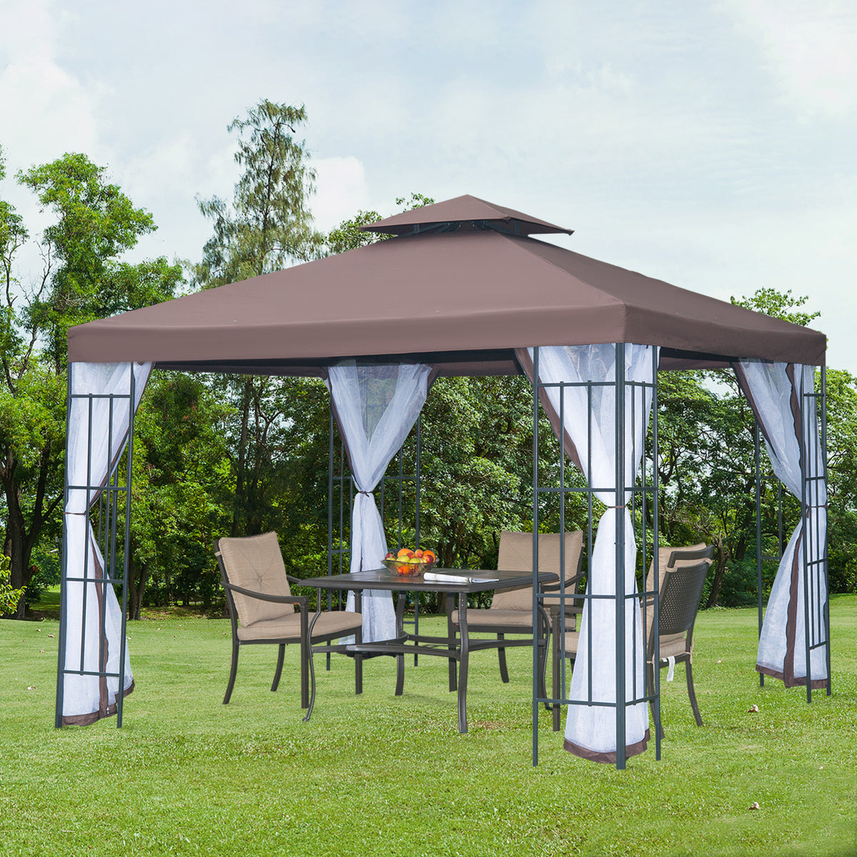 Pérgola de Jardim 3x3m Pérgola para Exterior com Duplo Teto de Ventilação 4 Telas Mosquiteiras Laterais Removíveis e Estrutura de Aço com Proteção Solar para Festas Eventos Café — foto 2