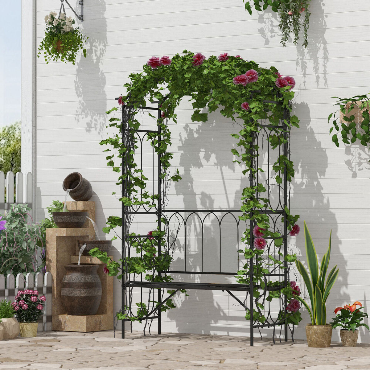 Arco de jardim com banco de metal suporte para plantas trepadeiras e rosas para terraço de pátio 115x50x203 cm Preto — foto 2