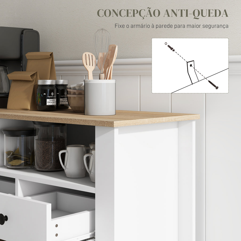 Aparador de Cozinha Mesa para Televisores de 50 Polegadas com 3 Gavetas 2 Armários 2 Prateleiras Abertas e 2 Prateleiras Ajustáveis Estilo Moderno 120x38x81,5 cm Branco — foto 7