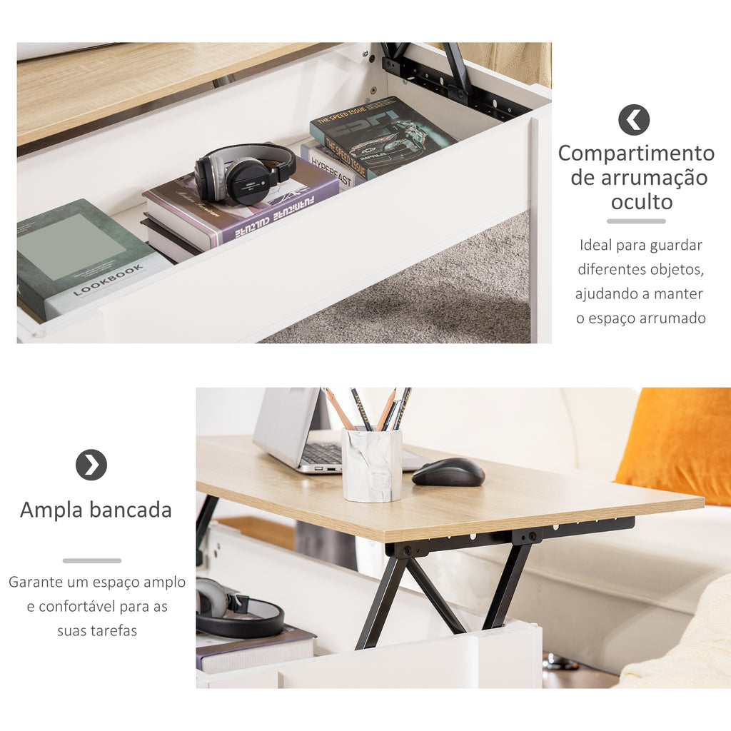Mesa de Centro com Bancada Elevatória Mesa de Café com Compartimento Aberto e Oculto 100x50x45-58,5 cm Branco e Madeira — foto 5