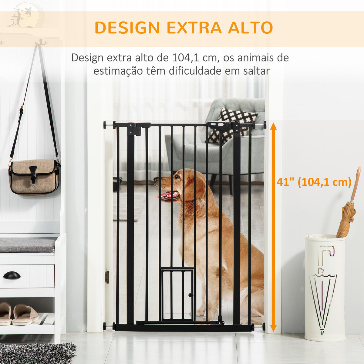 Barreira de Segurança para Cães com Porta Pequena Barreira para Animais de Estimação Extensível com Fechamento Automático e Sistema Duplo de Bloqueio 74-101x104,1 cm Preto — foto 8