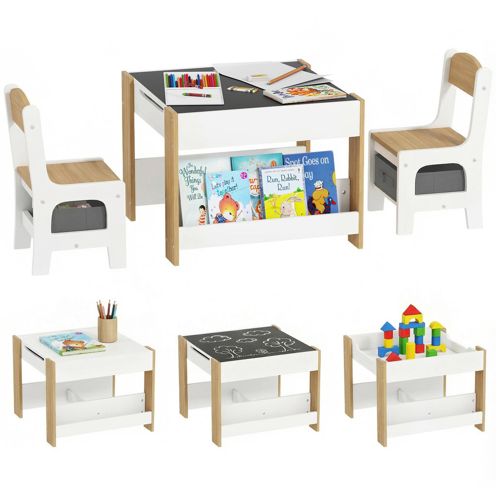 Conjunto de Mesa e 2 Cadeiras Infantis Mesa com Cadeiras para Crianças 2 em 1 com Ardósia Gavetas de Tecido e Espaço de Armazenamento para Quarto Sala de Jogos Cinza — foto 1