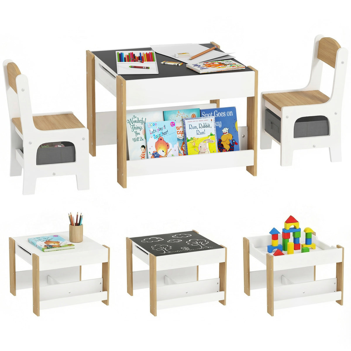 Conjunto de Mesa e 2 Cadeiras Infantis Mesa com Cadeiras para Crianças 2 em 1 com Ardósia Gavetas de Tecido e Espaço de Armazenamento para Quarto Sala de Jogos Cinza — foto 1