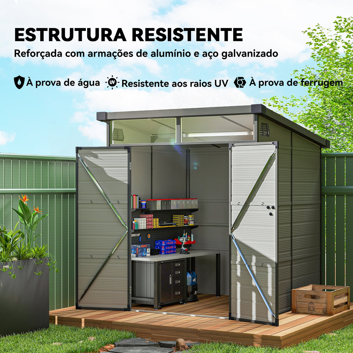 Abrigo de Jardim 3,24 m² 190x191x215 cm Abrigo Exterior com Porta de Correr e Trinco Janela e Ventilação para Armazenamento de Ferramentas Cinza Claro — foto 5